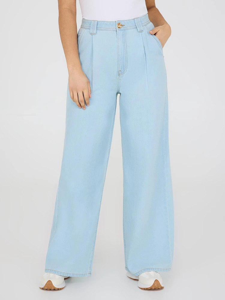 Cotton Front Pleat Wide-Leg Jeans