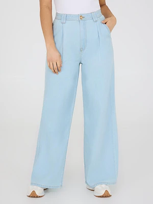 Cotton Front Pleat Wide-Leg Jeans