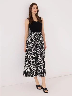 Scoop Neck Midi Dress With Floral Print Skirt
