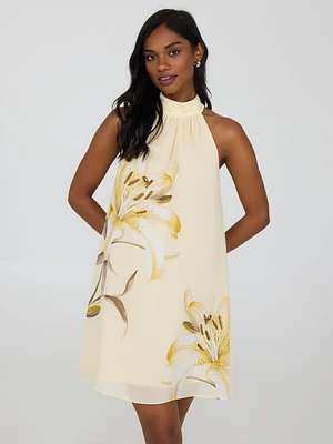 Robe en mousseline à col licou et motif floral