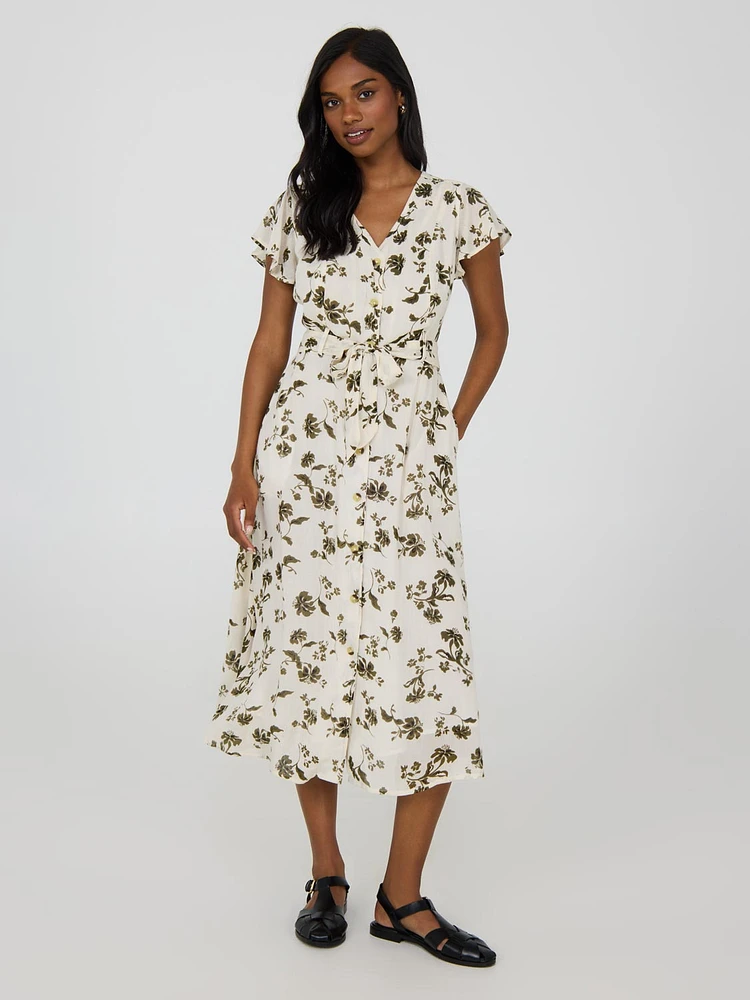 Floral Print Flutter Sleeve Button-Front Midi Dress