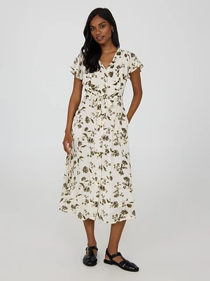 Floral Print Flutter Sleeve Button-Front Midi Dress