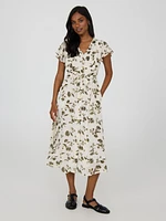 Floral Print Flutter Sleeve Button-Front Midi Dress