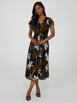 Tropical Print Flutter Sleeve Button-Front Midi Dress