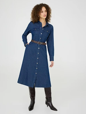 Cotton Denim Midi Shirt Dress
