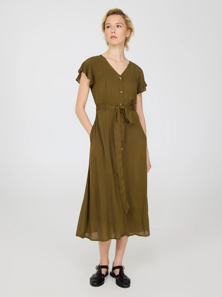 Flutter Sleeve Button-Front Midi Dress