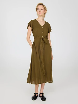 Flutter Sleeve Button-Front Midi Dress