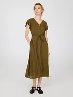 Flutter Sleeve Button-Front Midi Dress