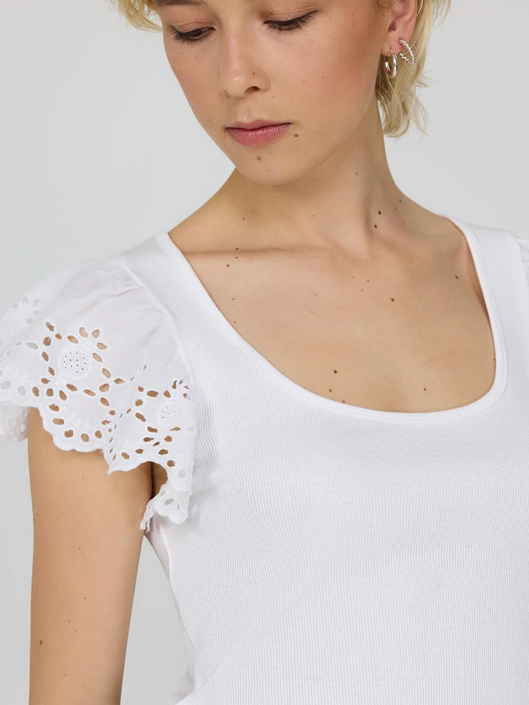 Short Eyelet Flutter Sleeve Cotton Top