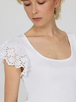 Short Eyelet Flutter Sleeve Cotton Top