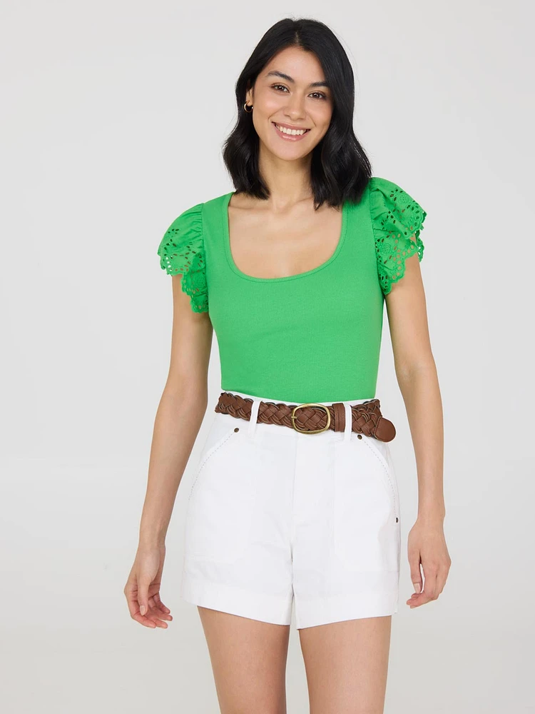 Short Eyelet Flutter Sleeve Cotton Top