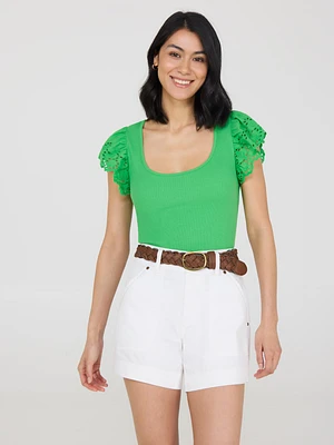 Short Eyelet Flutter Sleeve Cotton Top