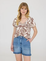 Leaf Print V-Neck Dolman Sleeve T-Shirt
