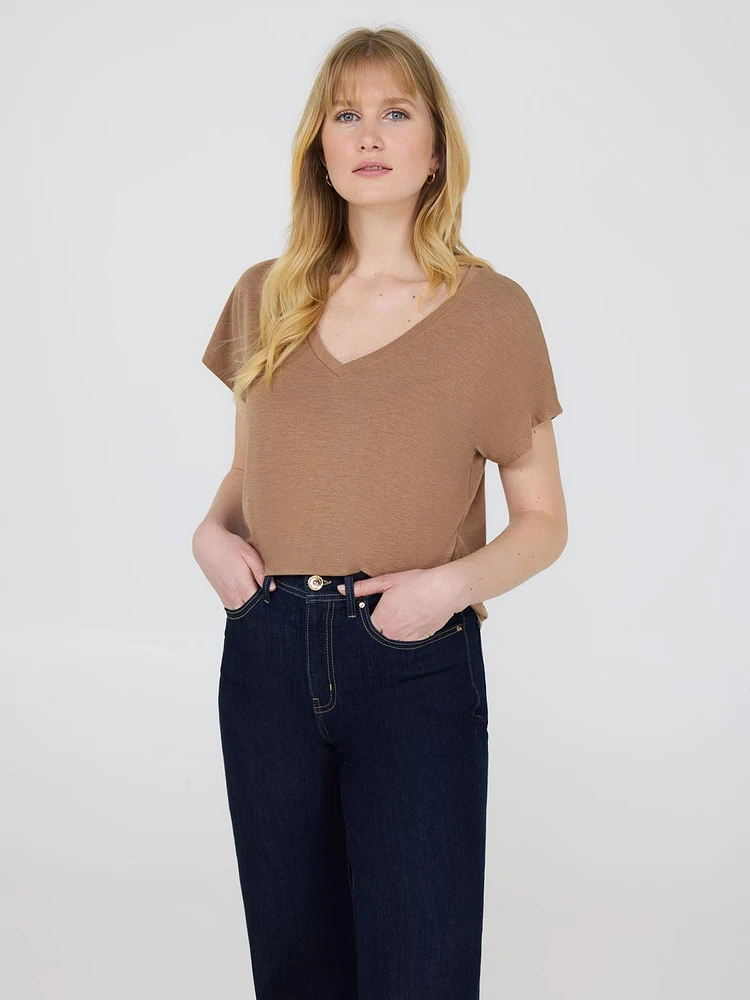 Melange V-Neck Dolman Sleeve T-Shirt