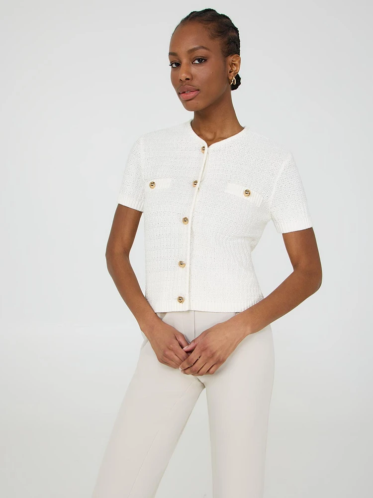 Short Sleeve Button-Front Cotton Sweater