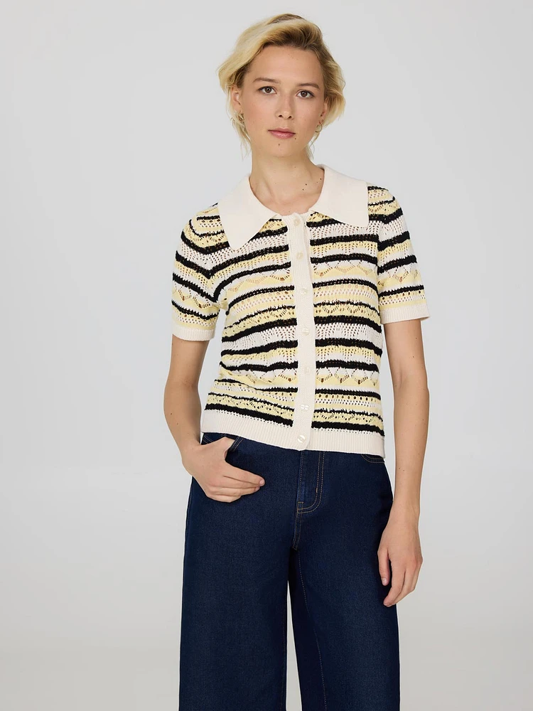 Button-Up Striped Cotton Crochet Top