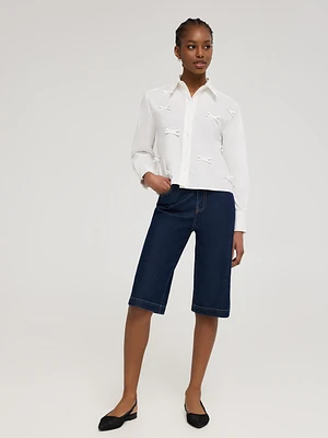 Bow Detail Button-Front Cotton Blouse
