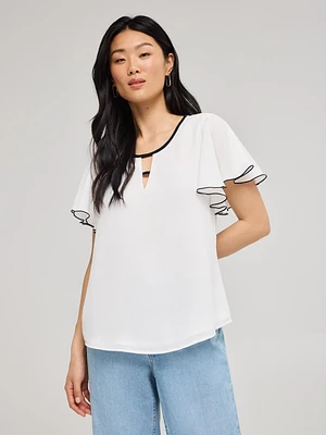 Contrast Piping Chiffon Top With Front Keyhole