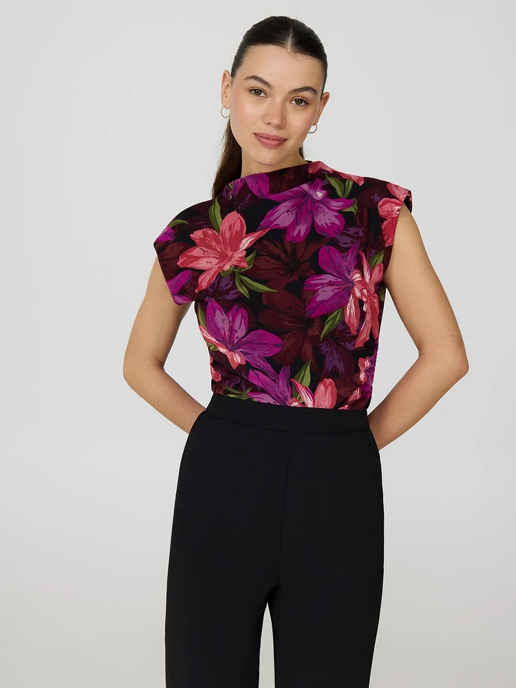 Haut en maille à col montant et motif floral sans manches