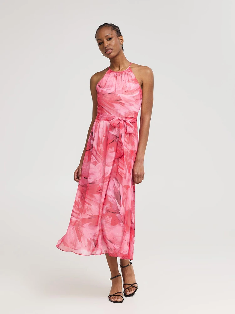 Feather Print Halter Chiffon Dress
