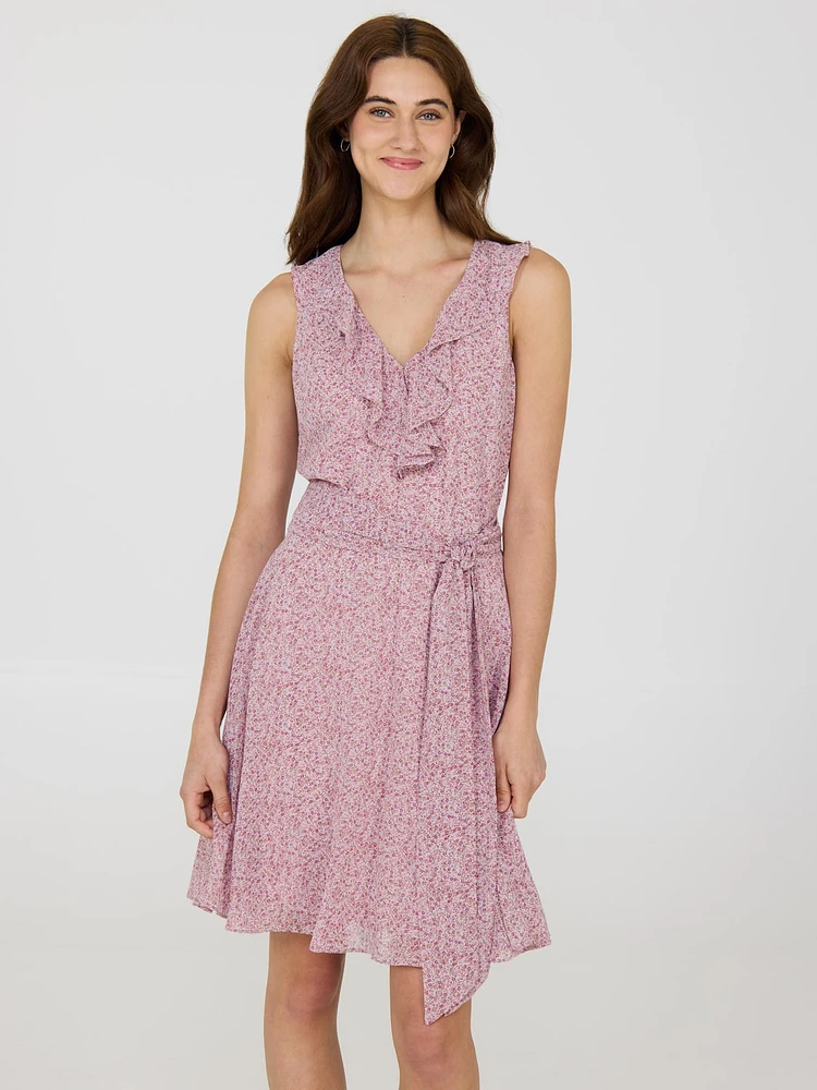 Ditsy Floral Ruffle V-Neck Chiffon Mini Dress