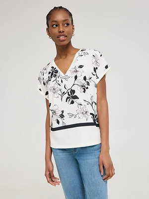 Satin Floral Border Print V-Neck Top