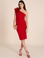 One-Shoulder Midi Sheath Dress With Rosettes