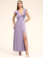 V-Neck Satin Dress With Ruffles