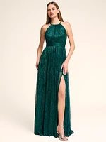 Metallic Crinkle Knit Halter Neck Gown