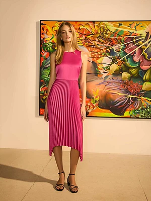 Satin Pleated Asymmetrical Hem Dress