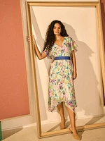 Printed Chiffon Handkerchief Hem Dress