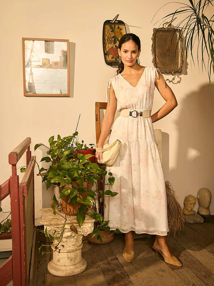 Floral Print Chiffon Tiered Midi Dress
