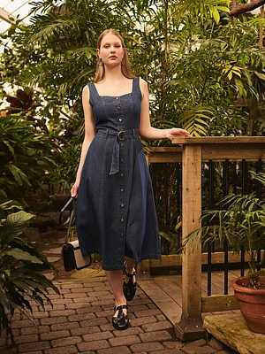 Sleeveless Cotton Denim Midi Dress