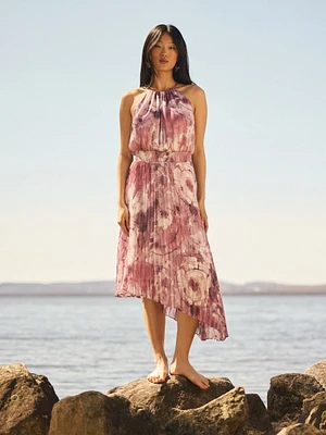 Halter Pleated Asymmetrical Floral Dress