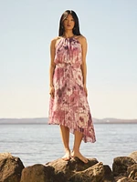 Halter Pleated Asymmetrical Floral Dress