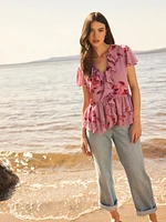 Floral Flutter Sleeve Tie-Front Blouse