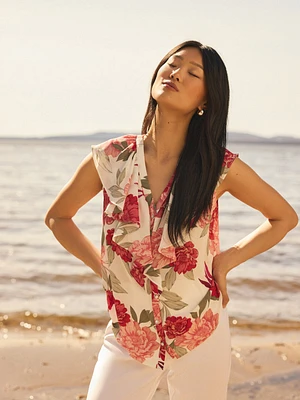 Sleeveless Floral Ruffle Button-Front Blouse