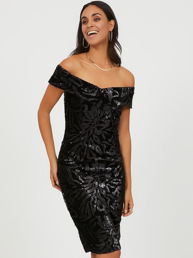 Sequin Off-The-Shoulder Sweetheart Dress, Black /