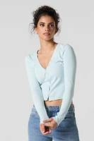 Ribbed V-Neck Button-Up Long Sleeve Top