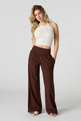 Linen-Blend Smocked Waist Palazzo Pant
