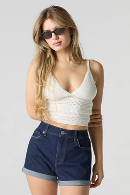 Short taille haute à revers roulé délavé rinsé