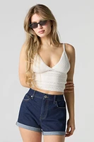Short taille haute à revers roulé délavé rinsé