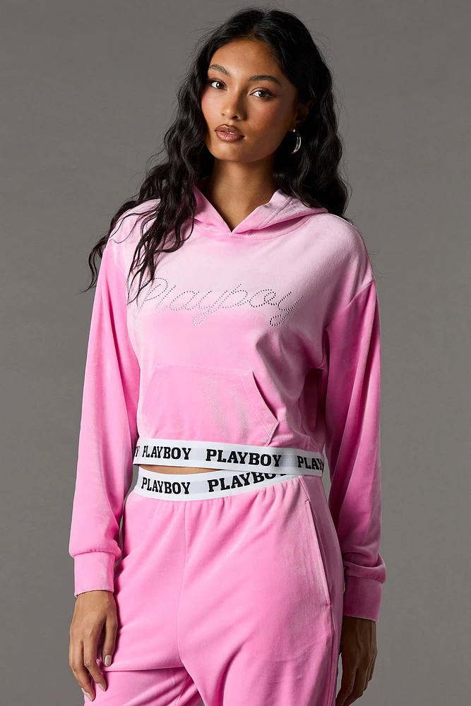 Playboy Rhinestone Velour Cropped Hoodie
