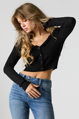 Pointelle Knit Button-Up Cropped Cardigan
