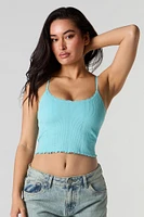 Seamless Ribbed Lace Trim Cami with Built-In Cups