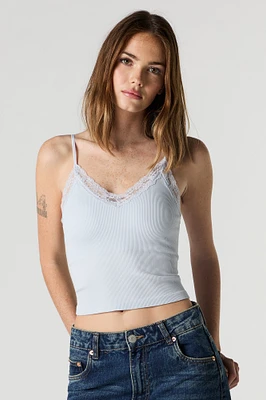 Seamless Ribbed V-Neck Lace Trim Cami with Built-In Cups