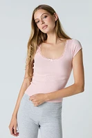 Ribbed Lace Trim Scoop Neck T-Shirt