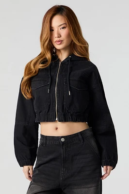 Denim Cropped Zip-Up Hoodie
