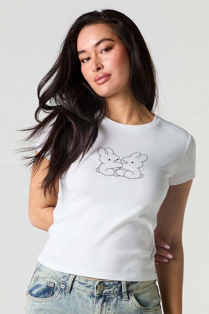 Rhinestone Graphic Ribbed T-Shirt
