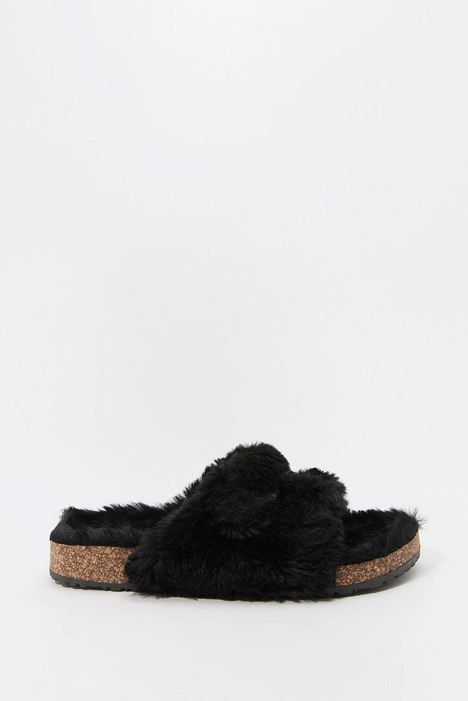 Mules en similifourrure avec semelles liège et boucles